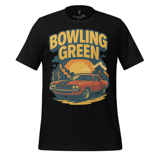 JMK Drip black Bowling Green t-shirt with vintage car and sunset graphic design