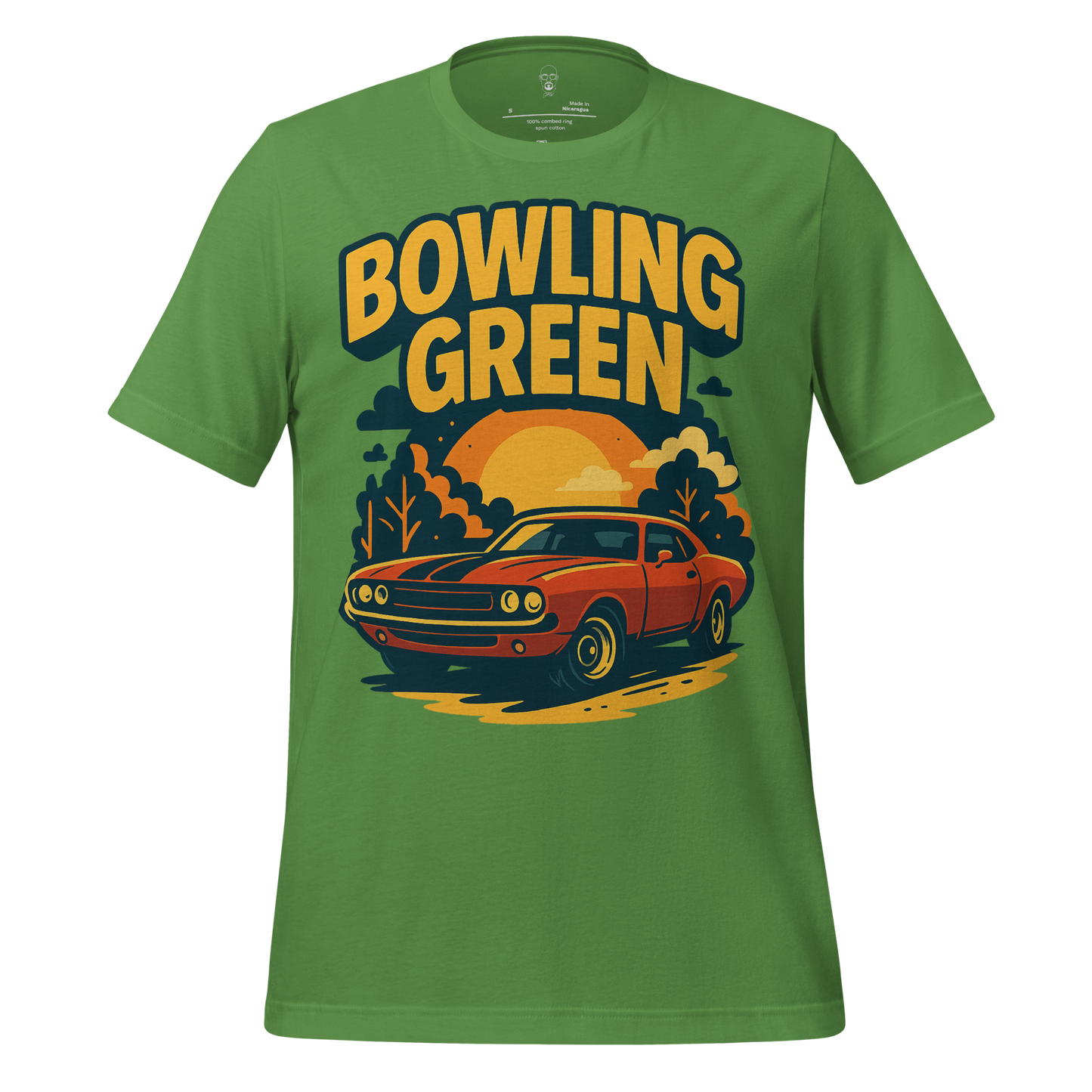 Green Bowling Green t-shirt with vintage car and sunset graphic design by JMK Drip