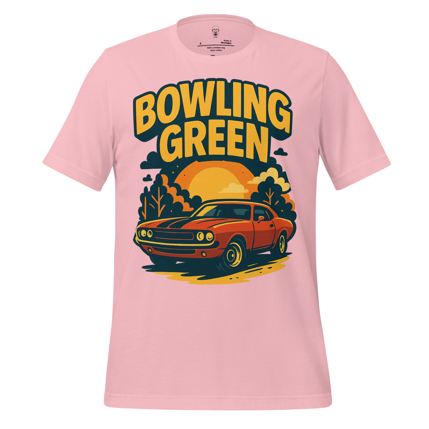 Pink Bowling Green t-shirt featuring a vintage car graphic with sunset and trees design