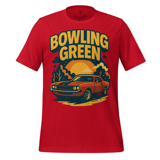 Red Bowling Green t-shirt with vintage car and sunset graphic design by JMK Drip