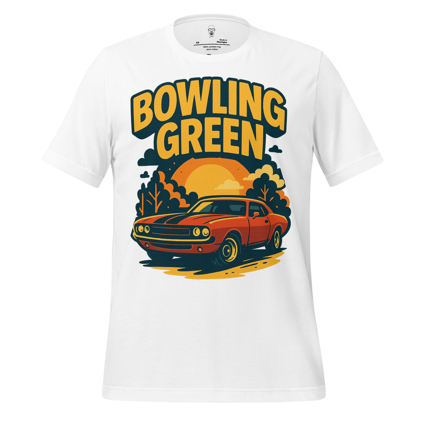 White Bowling Green t-shirt by JMK Drip featuring a vintage car and sunset graphic design