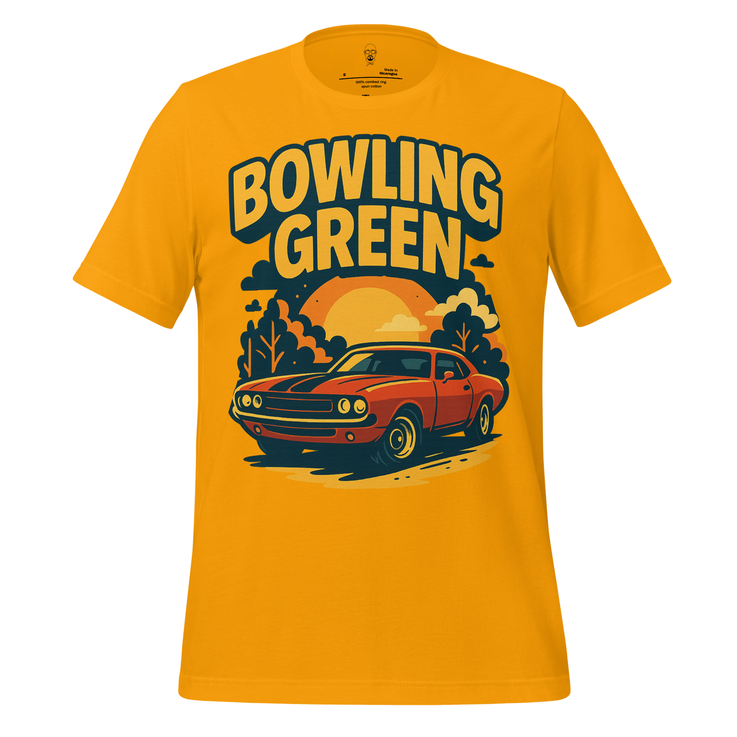 JMK Drip yellow Bowling Green t-shirt with vintage car and sunset graphic design