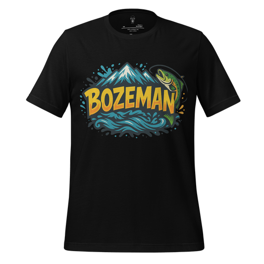 Black JMK Drip Bozeman graphic t-shirt with mountain, fish, and wave design