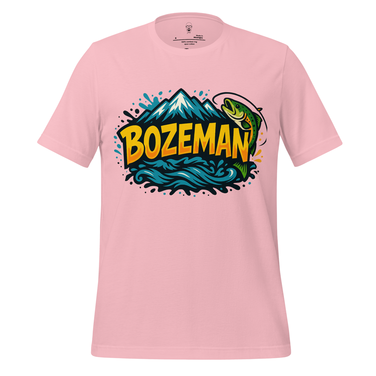 Pink Bozeman graphic t-shirt with mountain and fish design by JMK Drip