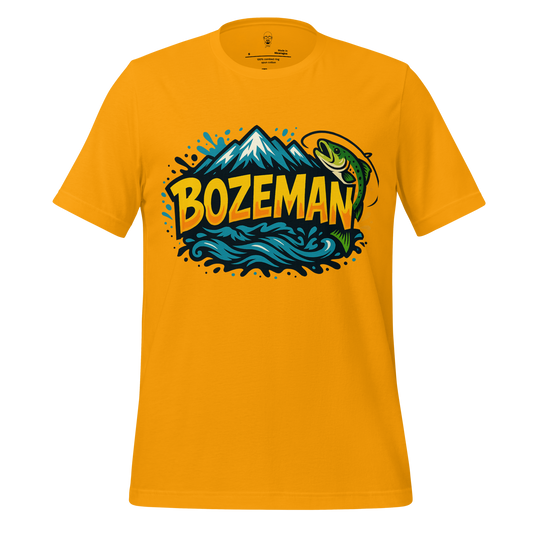 JMK Drip Bozeman graphic t-shirt in yellow with mountain and fish design