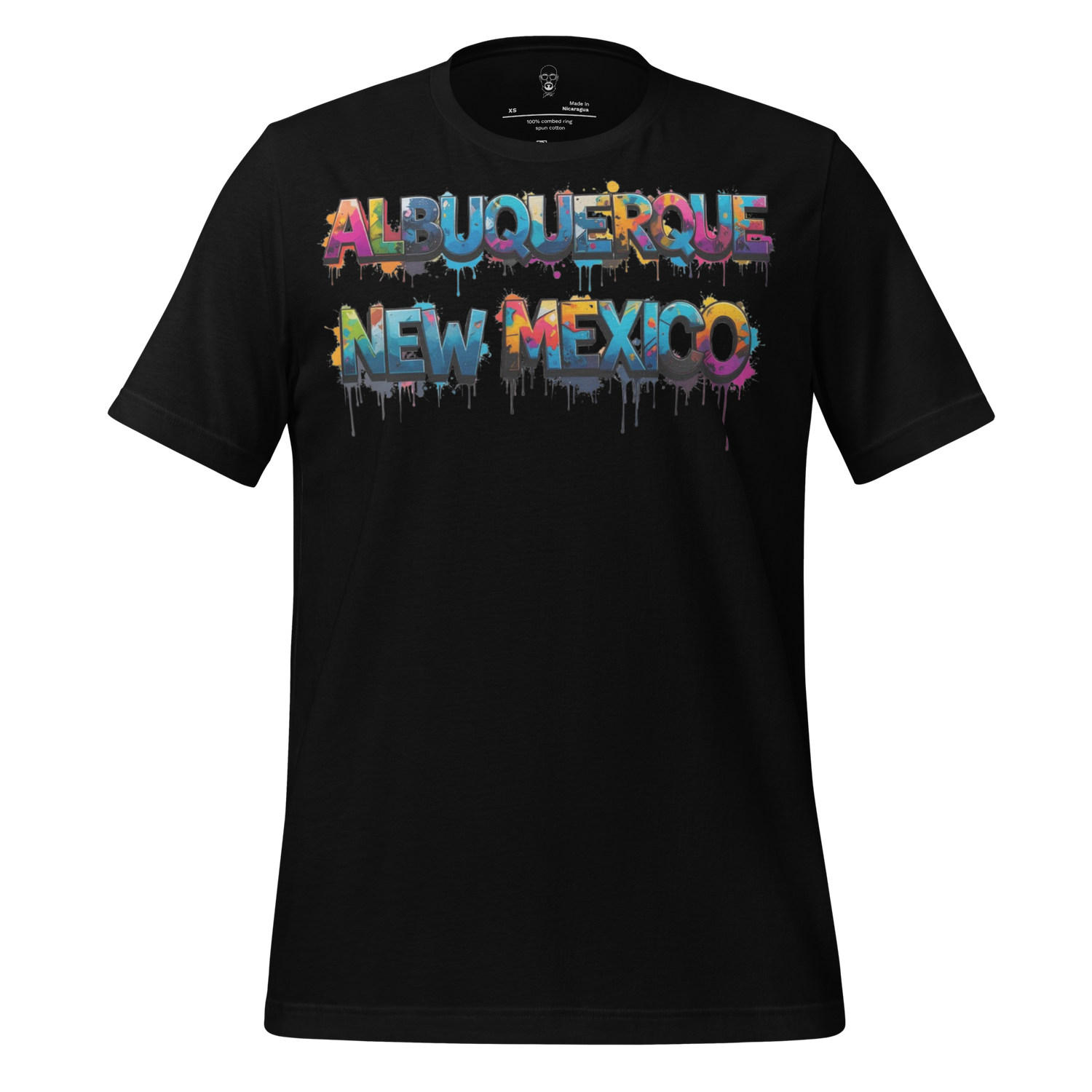 Black Albuquerque t-shirt with colorful dripping paint text design reading Albuquerque New Mexico