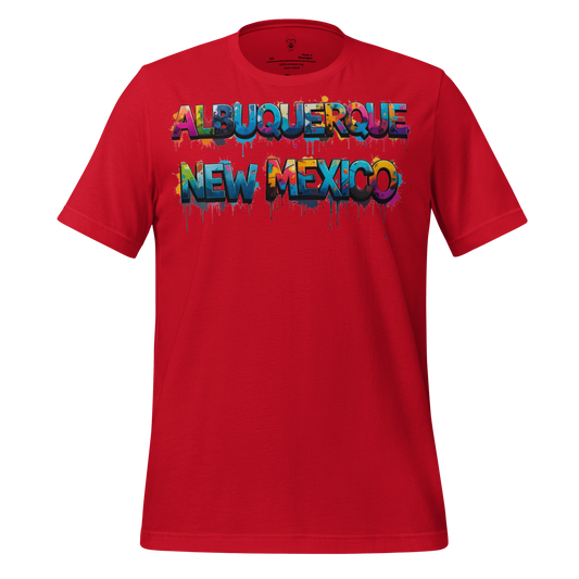 Red Albuquerque t-shirt with colorful graffiti style Albuquerque New Mexico text design