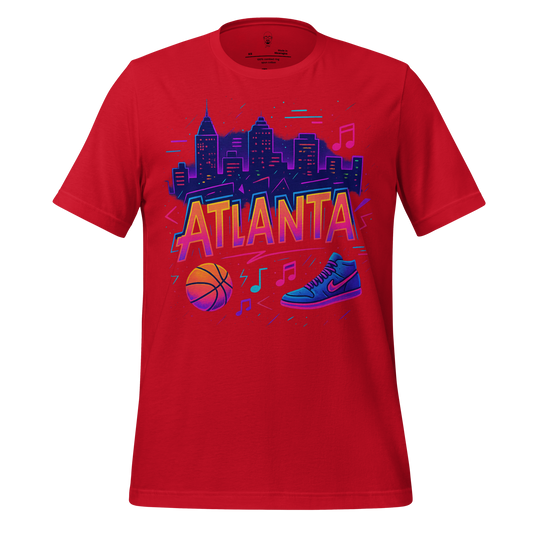 JMK Drip red Atlanta Graphic T-Shirt featuring city skyline, basketball, music notes, and sneaker design
