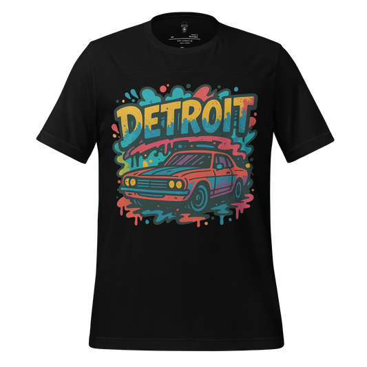 Black Detroit Graphic T-Shirt 1 by JMK Drip featuring colorful retro car and bold text design
