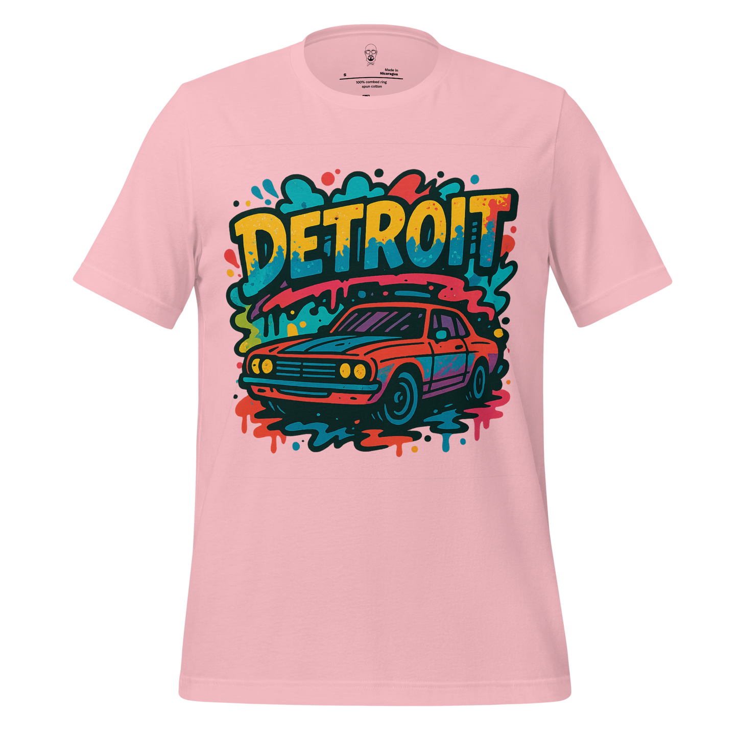 Pink Detroit Graphic T-Shirt 1 featuring colorful retro car and graffiti style Detroit text