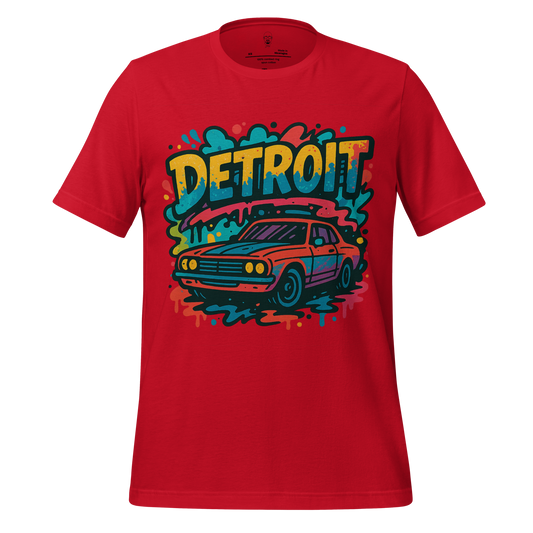 Red Detroit Graphic T-Shirt 1 featuring vintage car and colorful graffiti style design