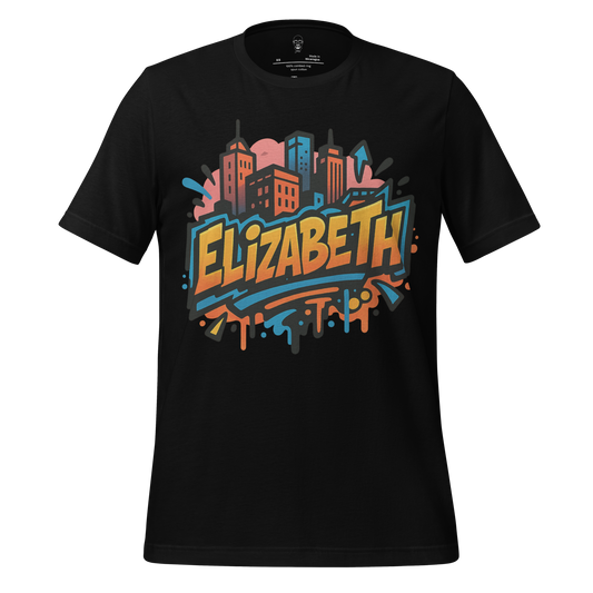 JMK Drip Elizabeth Graphic T-Shirt in black with colorful cityscape and bold Elizabeth text design