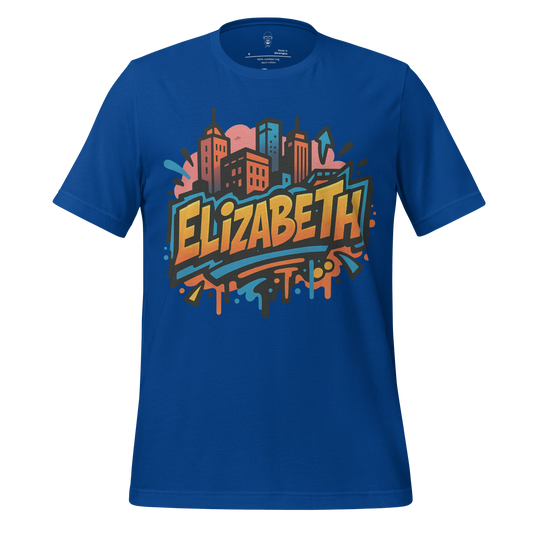 Blue Elizabeth Graphic T-Shirt with colorful cityscape and bold graffiti style lettering