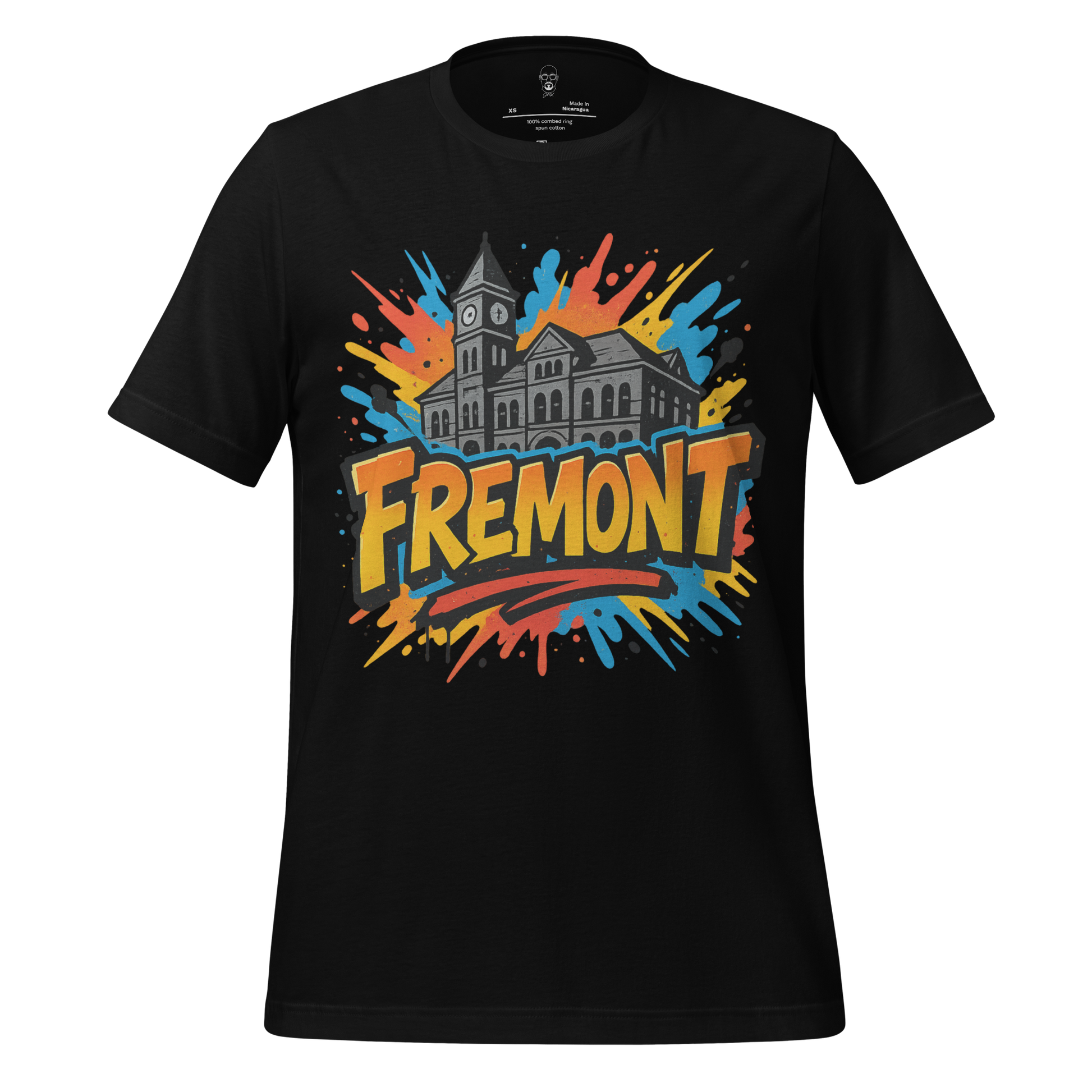 Black JMK Drip Fremont Graphic T-Shirt with colorful splash and historic building design