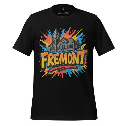 Black JMK Drip Fremont Graphic T-Shirt with colorful splash and historic building design