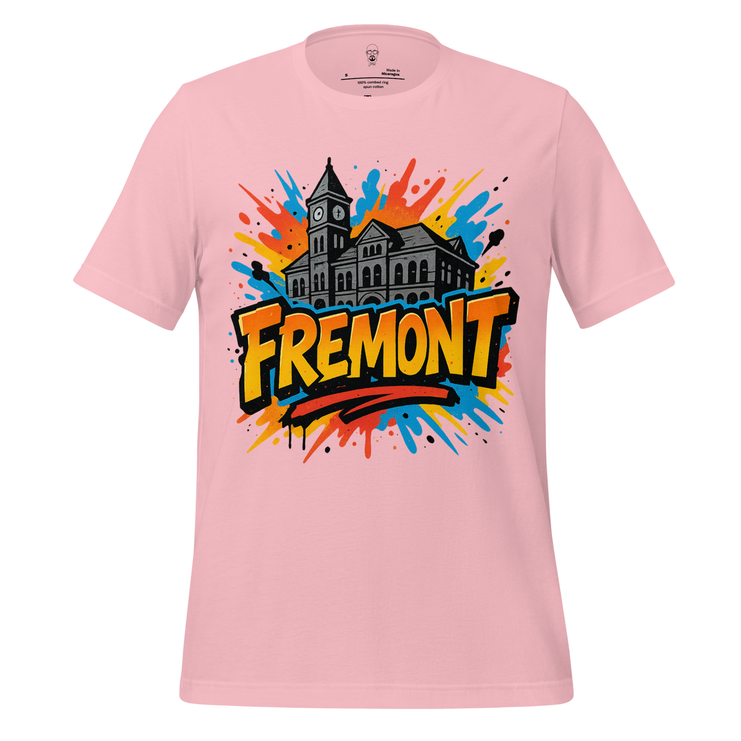 JMK Drip Fremont Graphic T-Shirt in pink with colorful splash and building design