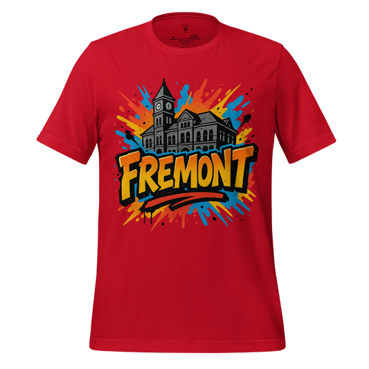 Red Fremont Graphic T-Shirt by JMK Drip featuring colorful splash and building illustration