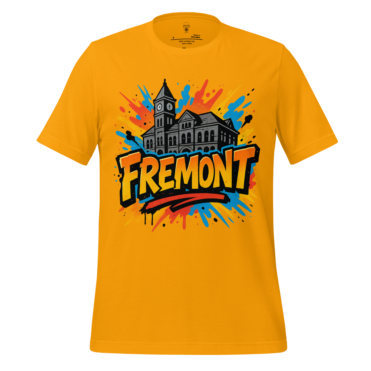 JMK Drip yellow Fremont Graphic T-Shirt featuring a colorful illustration of a clock tower building