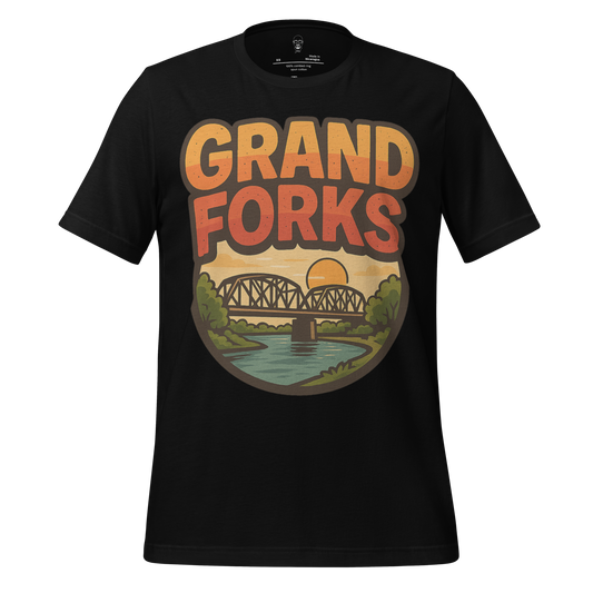 Black JMK Drip Grand Forks Graphic T-Shirt with bridge and sunset design on front
