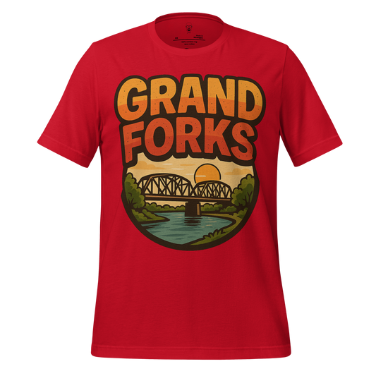 Red Grand Forks Graphic T-Shirt by JMK Drip featuring sunset and bridge design on front