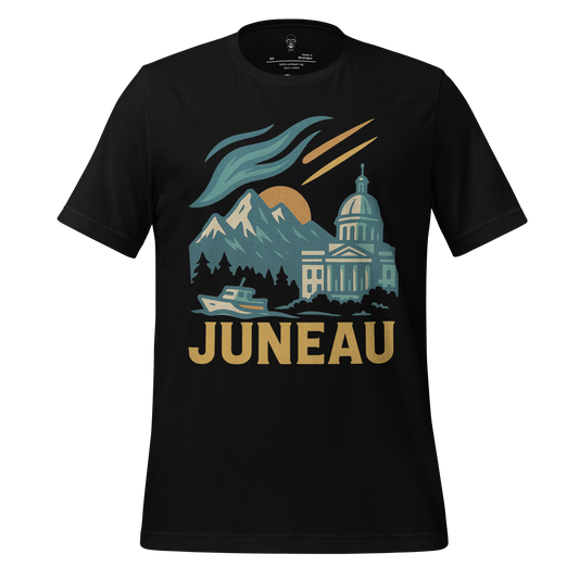 JMK Drip Juneau Graphic T-Shirt with mountain, boat, and building design on black fabric