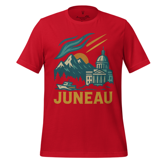 JMK Drip Juneau Graphic T-Shirt in red with mountain, boat, and capitol building design