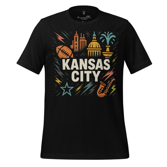 Black Kansas City, Missouri Graphic T-Shirt 2 with city skyline, football, saxophone, and decorative design