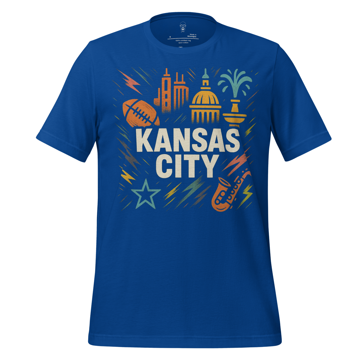 Kansas City, Missouri Graphic T-Shirt 2 in blue with city skyline, football, saxophone, and fountain design