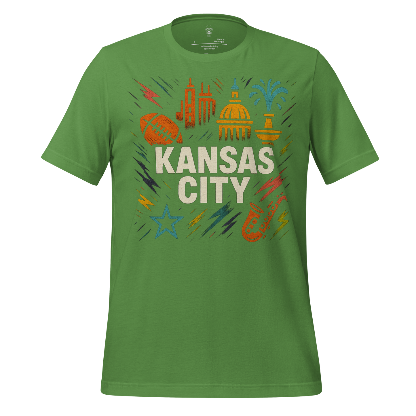 Green Kansas City, Missouri Graphic T-Shirt 2 with city landmarks and sports icons design