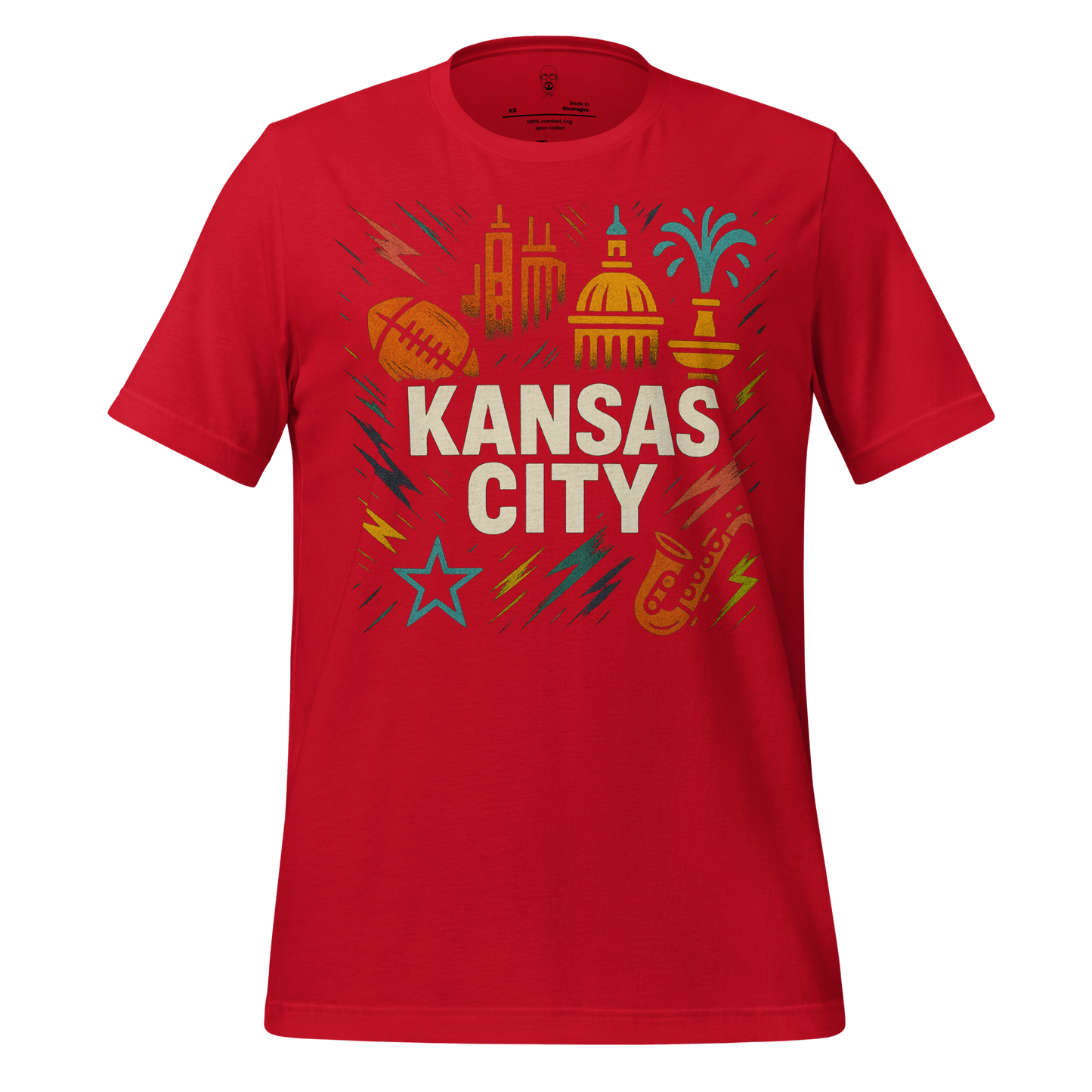 Red Kansas City, Missouri Graphic T-Shirt 2 with city landmarks and sports icons by JMK Drip