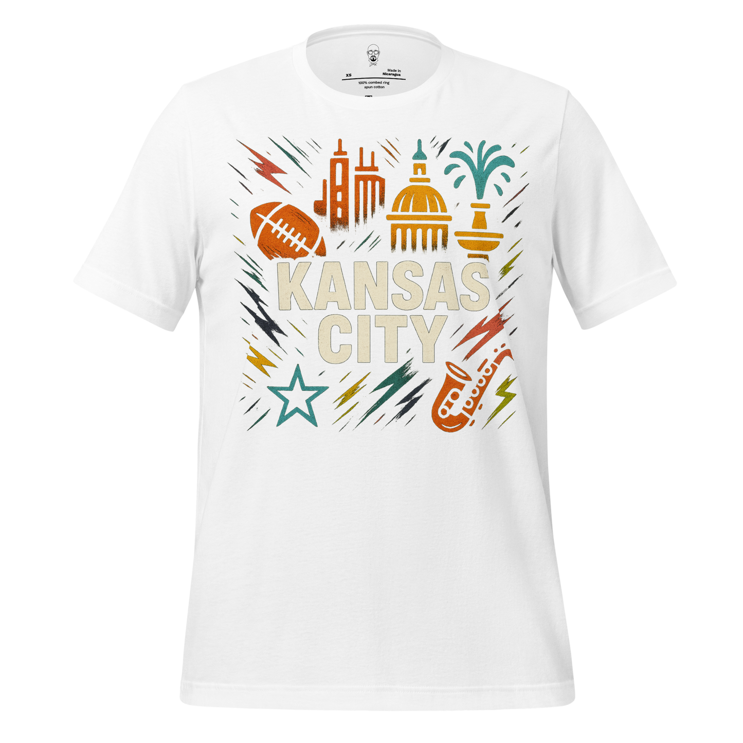 White Kansas City, Missouri Graphic T-Shirt 2 with city landmarks football and music saxophone design