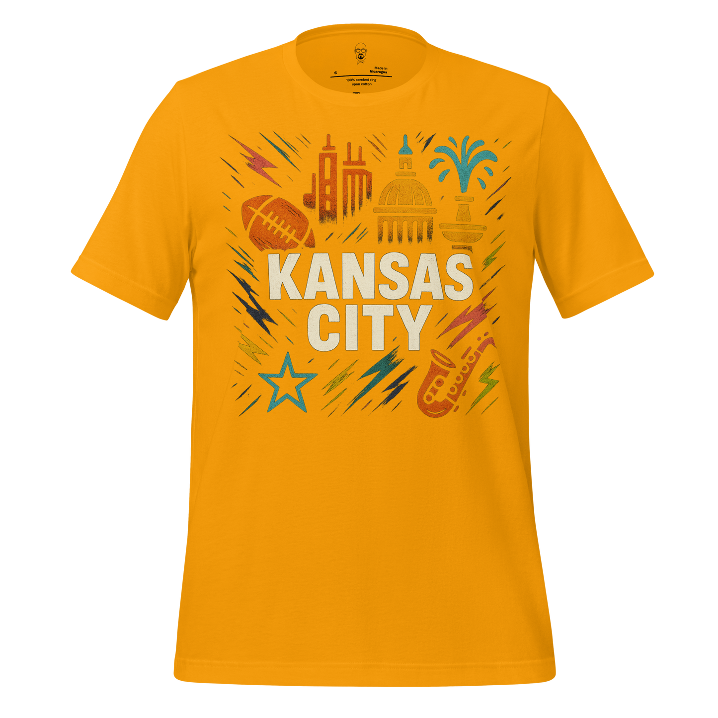Yellow Kansas City, Missouri Graphic T-Shirt 2 with city skyline, football, and saxophone design