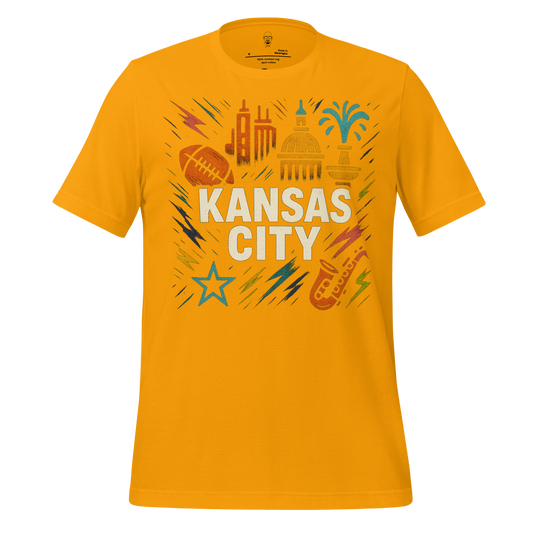 Yellow Kansas City, Missouri Graphic T-Shirt 2 with city skyline, football, and saxophone design