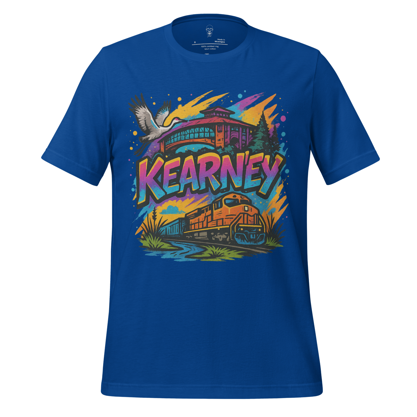 JMK Drip Kearney Graphic T-Shirt in blue with colorful train and bird design