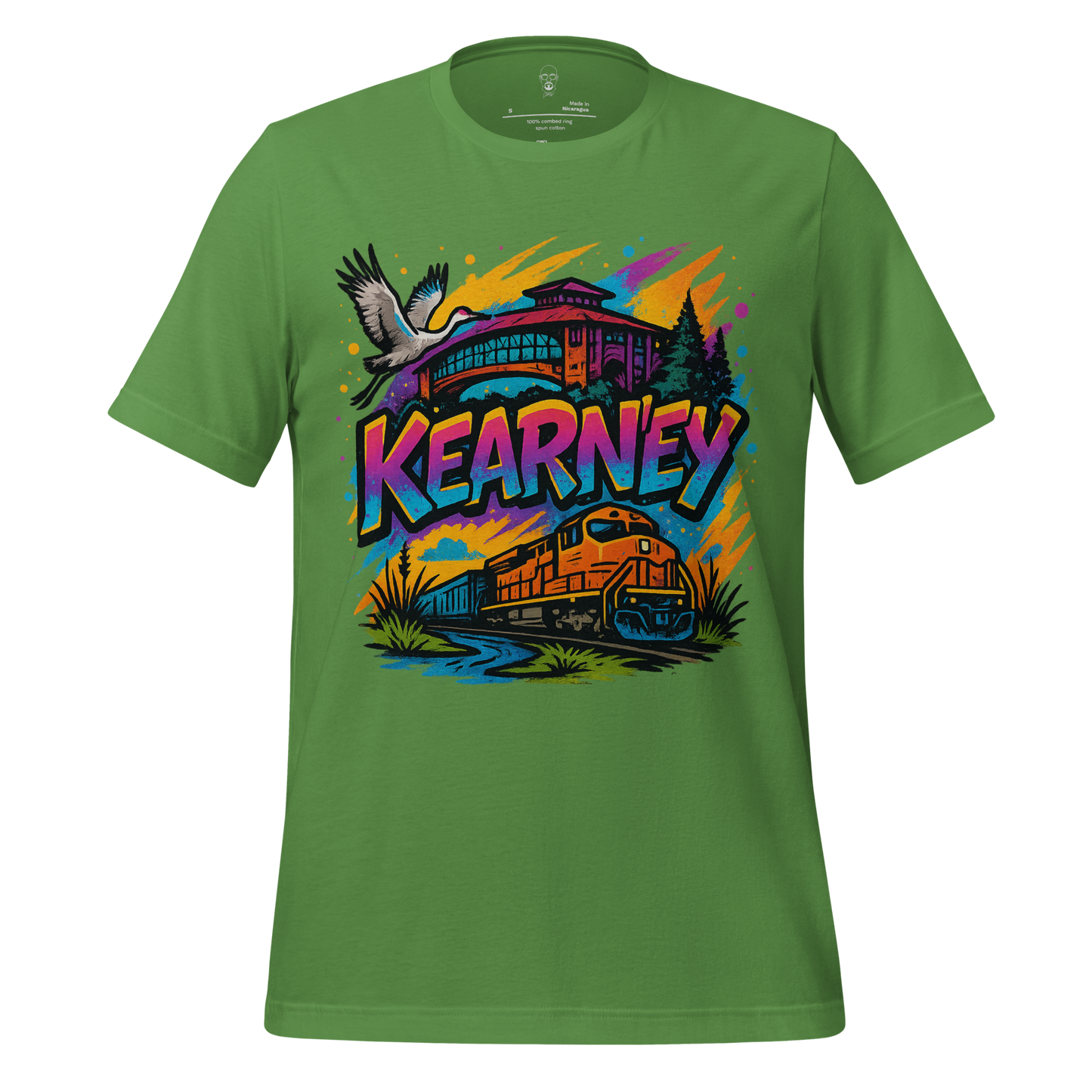 Green Kearney Graphic T-Shirt with colorful train, bridge, crane bird, and nature design by JMK Drip