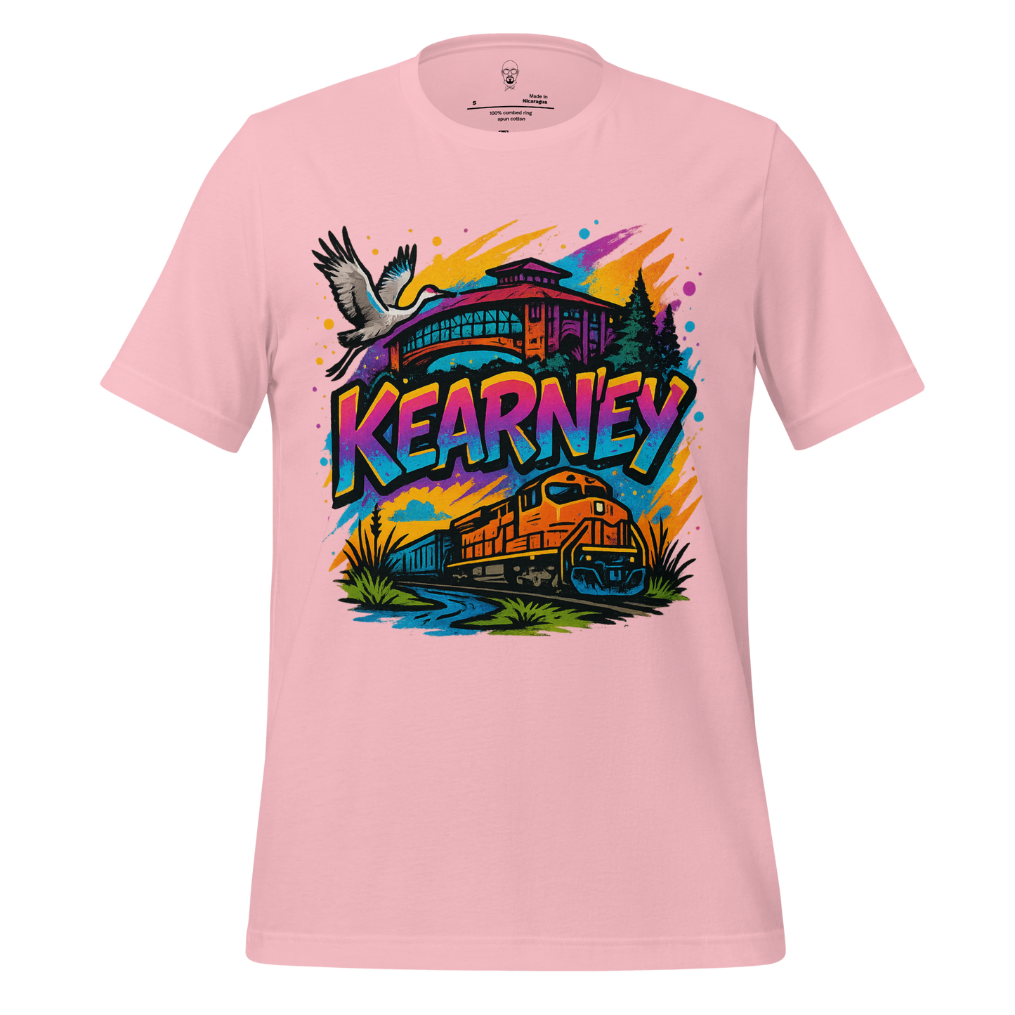 Pink Kearney Graphic T-Shirt by JMK Drip with colorful train, bird, and landscape design