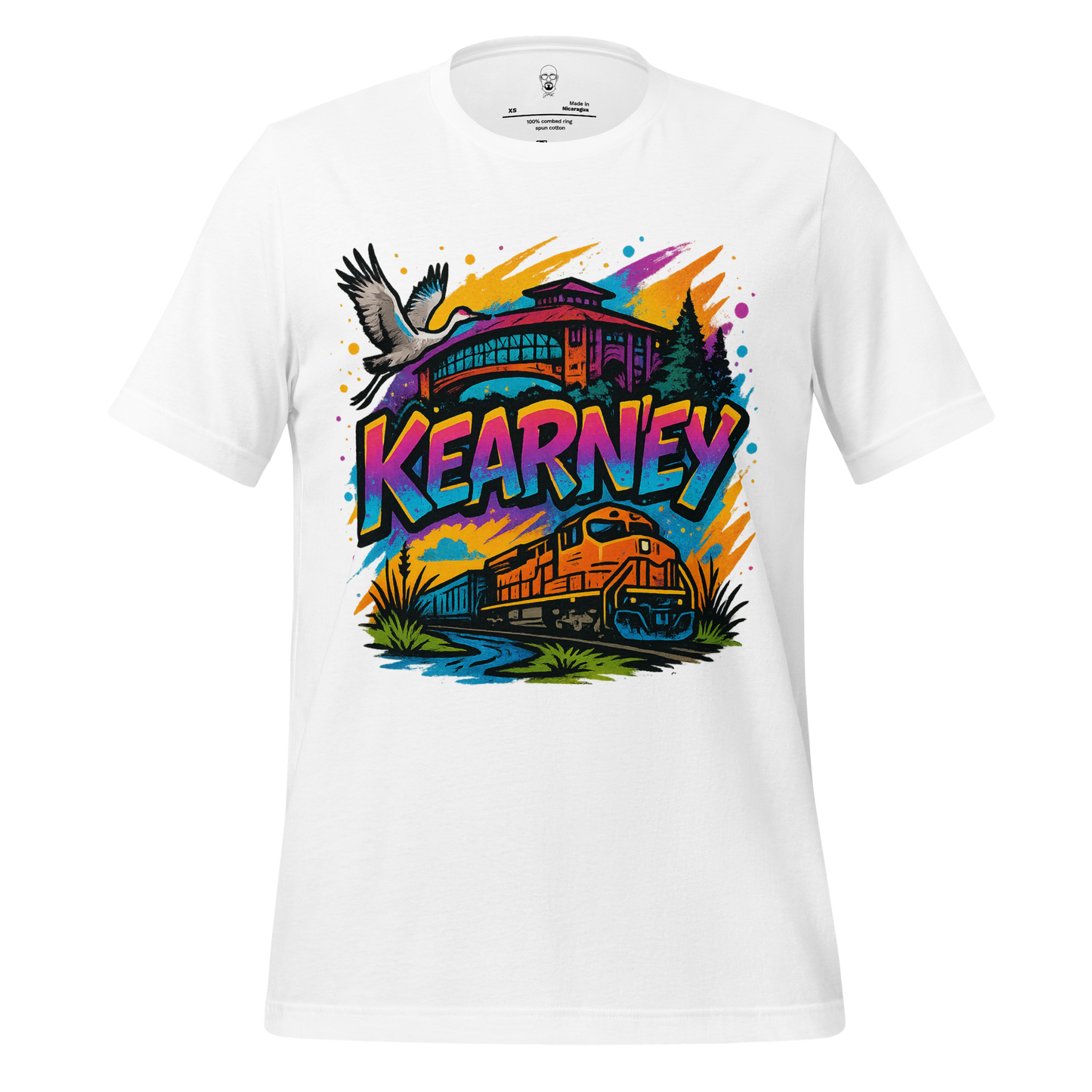 White Kearney Graphic T-Shirt by JMK Drip featuring colorful train and nature design