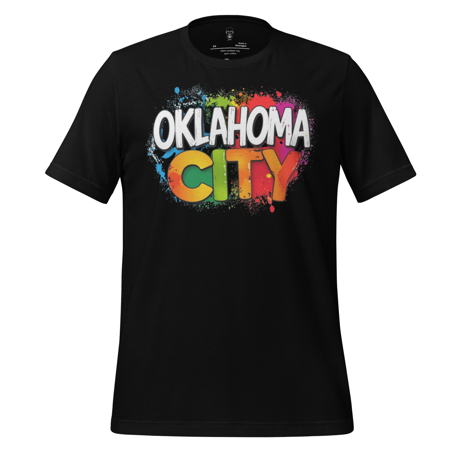 Black Oklahoma City t-shirt with colorful paint splatter design and bold white and orange lettering