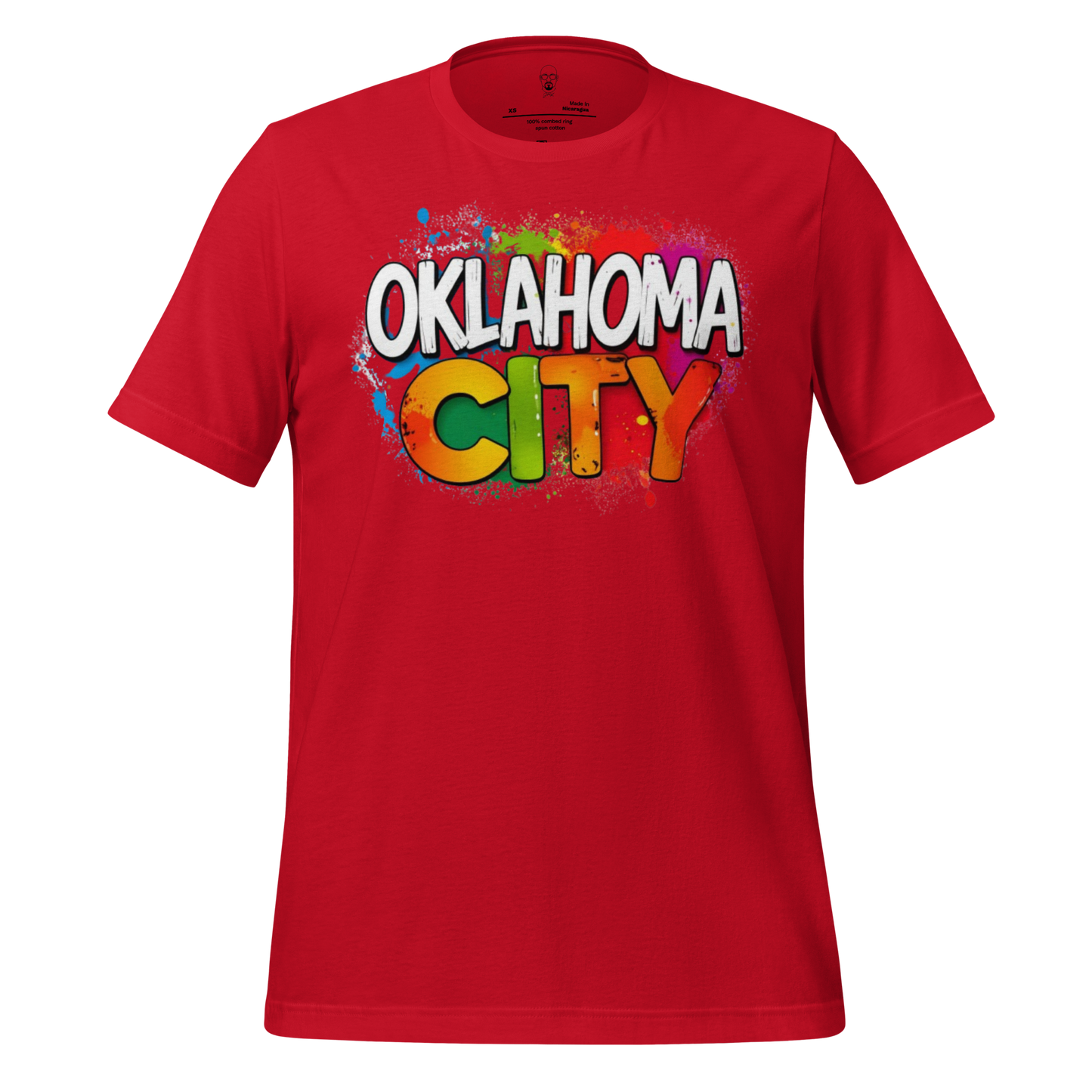 Red Oklahoma City t-shirt with colorful graffiti style text graphic on front by JMK Drip