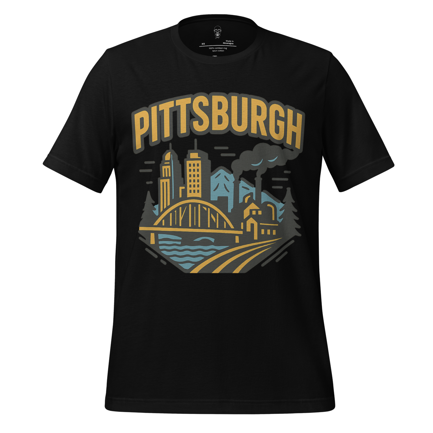 Black Pittsburgh Graphic T-Shirt with city skyline and bridge illustration in gold and blue tones