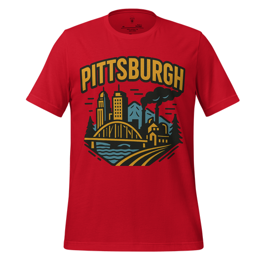 Red Pittsburgh Graphic T-Shirt featuring city skyline with bridge and factory smoke design