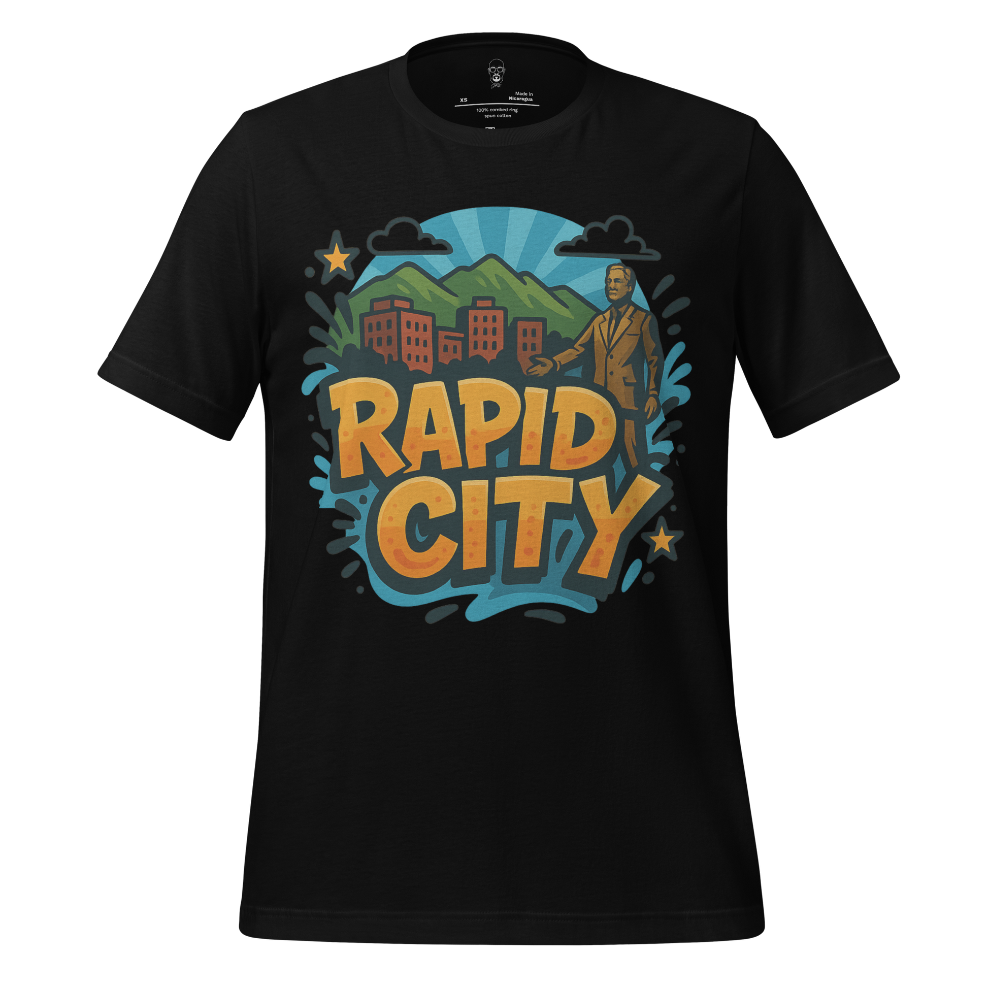 Black Rapid City t-shirt by JMK Drip featuring colorful mountain and cityscape graphic
