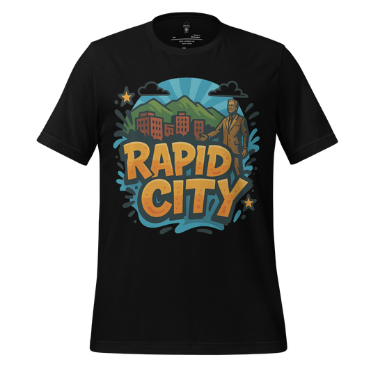 Black Rapid City t-shirt by JMK Drip featuring colorful mountain and cityscape graphic