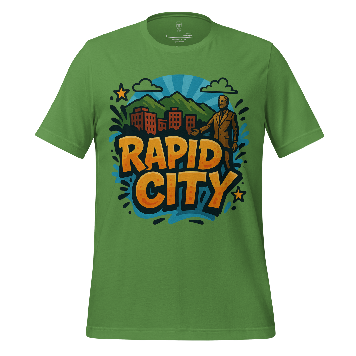 Green Rapid City t-shirt by JMK Drip featuring cartoon cityscape and statue graphic design
