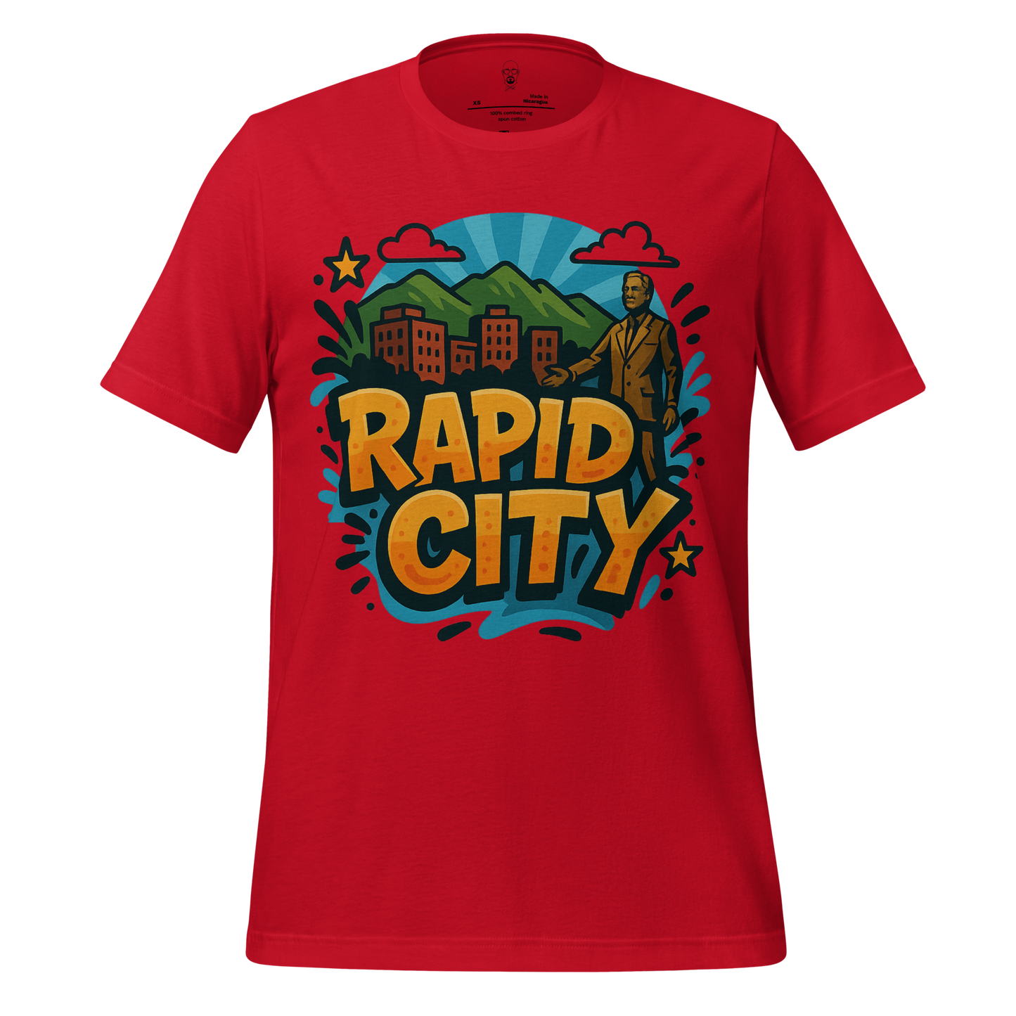 Red JMK Drip Rapid City t-shirt with colorful mountain and cityscape graphic design