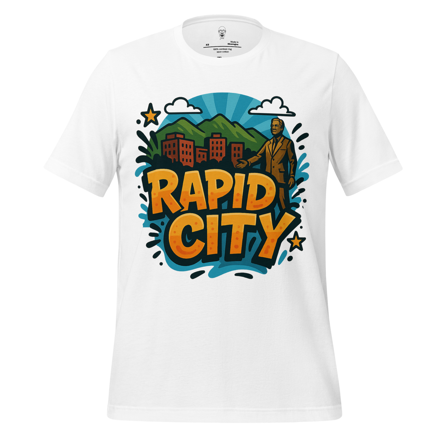 White Rapid City t-shirt by JMK Drip featuring colorful cityscape and statue graphic design