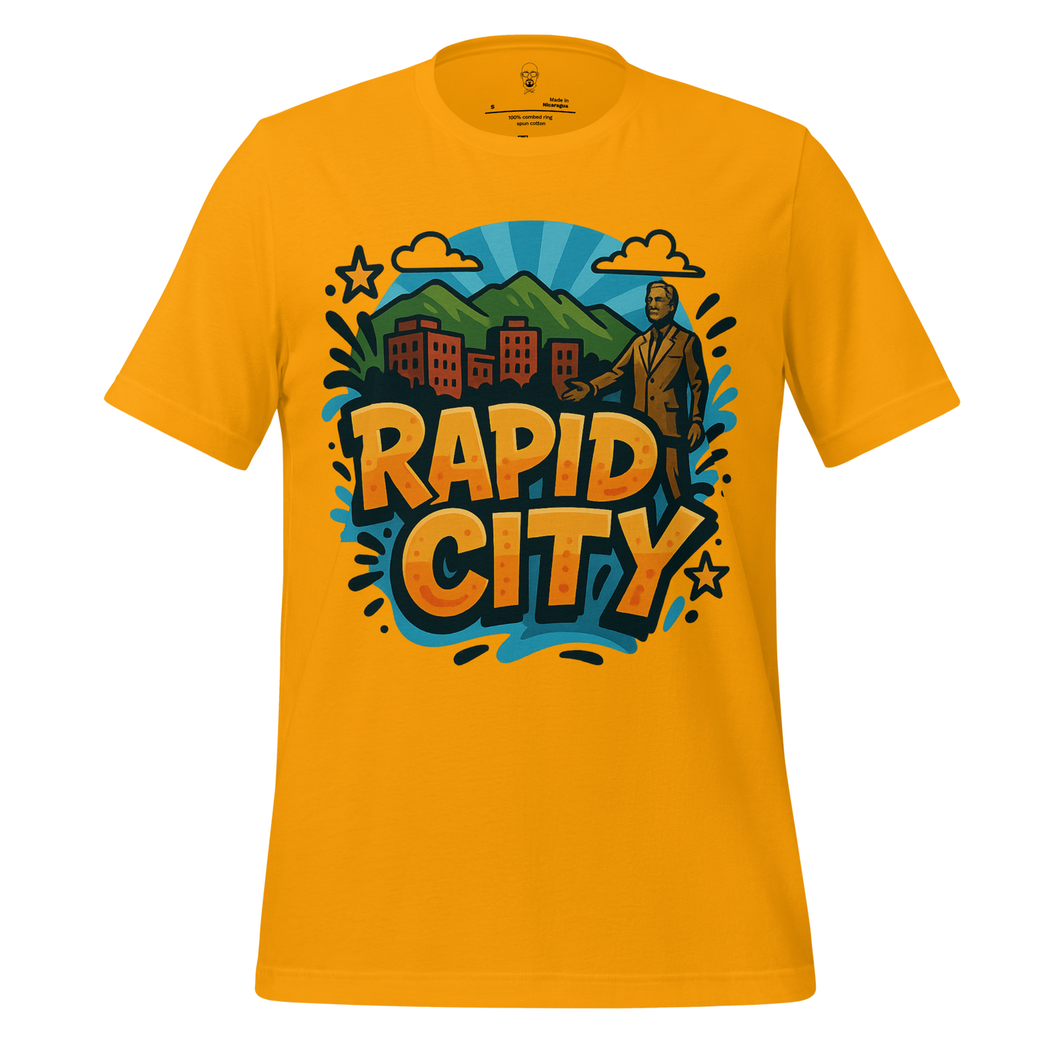 JMK Drip yellow Rapid City t-shirt with colorful cityscape and mountain graphic design