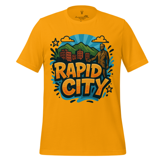 JMK Drip yellow Rapid City t-shirt with colorful cityscape and mountain graphic design