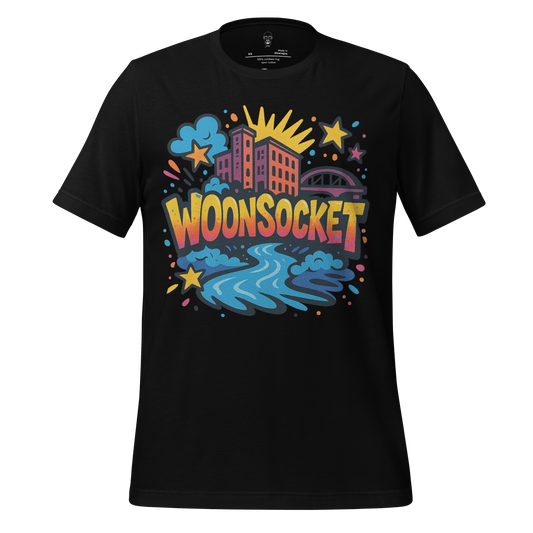 JMK Drip Woonsocket Graphic T-Shirt with colorful cityscape and river design on black fabric