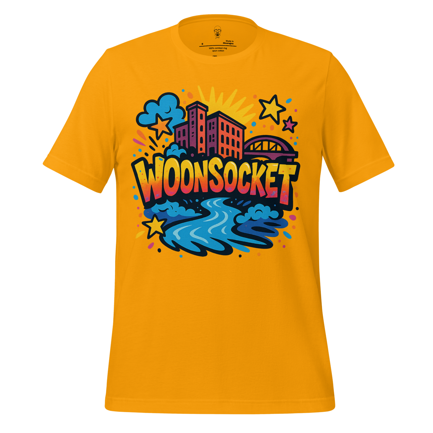 Bright yellow Woonsocket Graphic T Shirt with colorful cityscape and river design by JMK Drip
